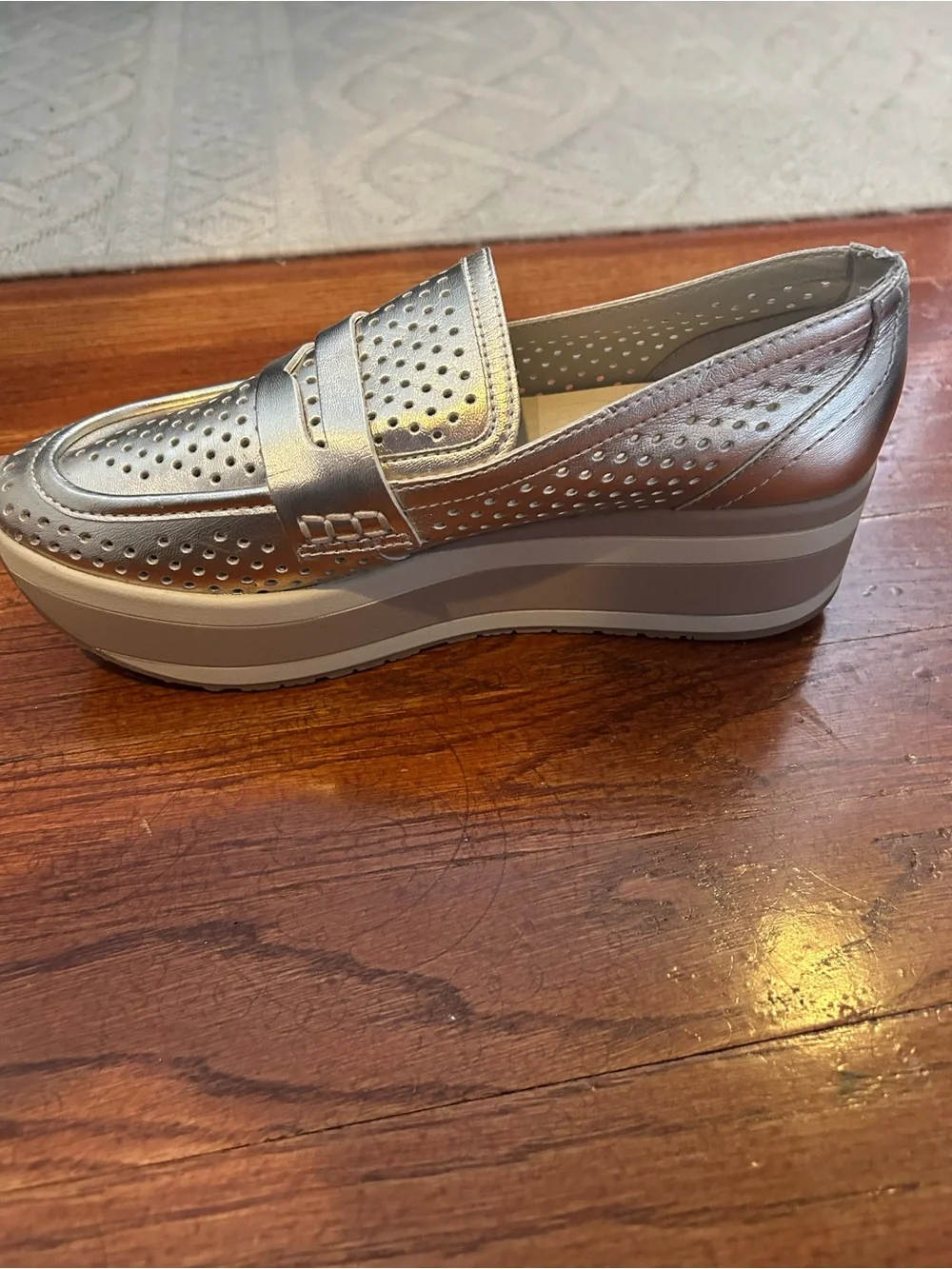 Dolce Vita Metallic Silver Perforated Platform Loafers